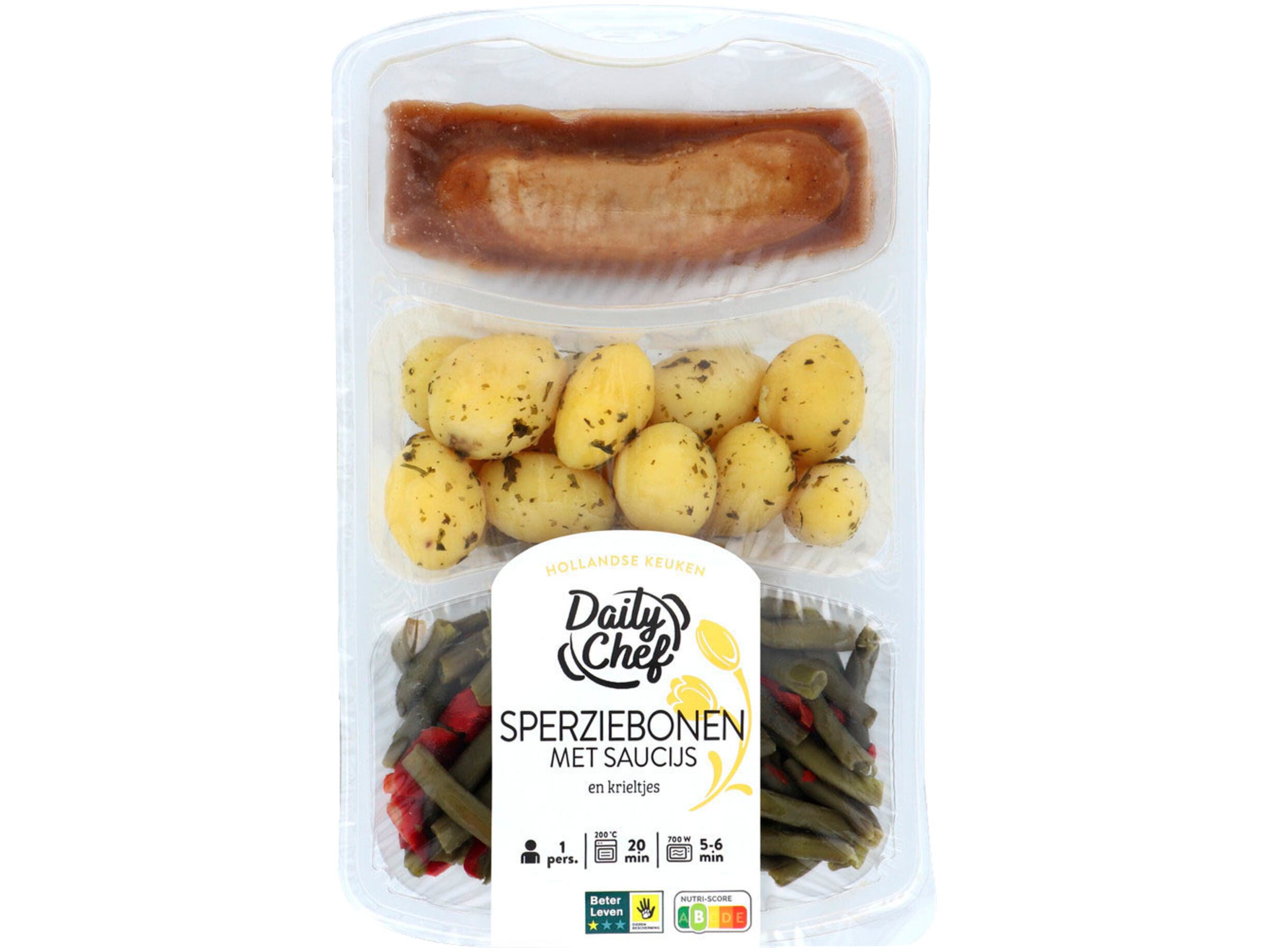 Sperziebonen met saucijs en krieltjes